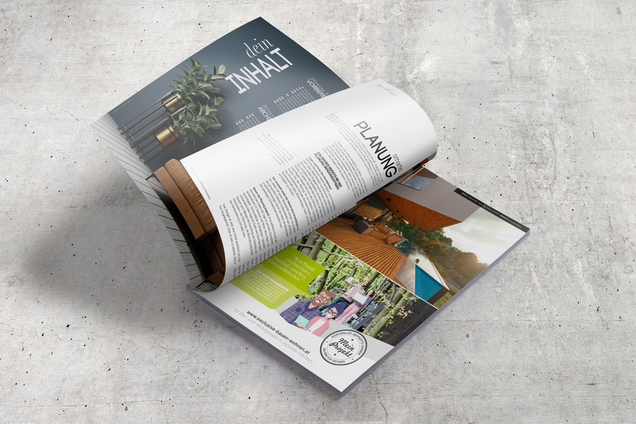 Magazin "exclusive Bauen & Wohnen" mit einer Insertion im Format einer 1/2 Seite quer. Wahlweise auch in hoch und nicht abfallend möglich.