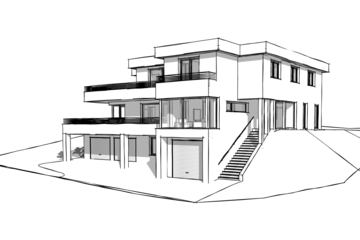 planco zeigt die Skizze eines Mehrfamilienhauses mit einer Garage und überdachtem Carport, verglastem Balkon und Zugang über Stiegen zu der Haustüre.