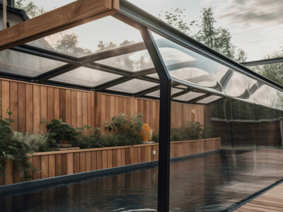 Ein schöner rechteckiger Pool mit Holzumrandung und einer Poolüberdachung aus Glas und vielen Pflanzen am Beckenrand.