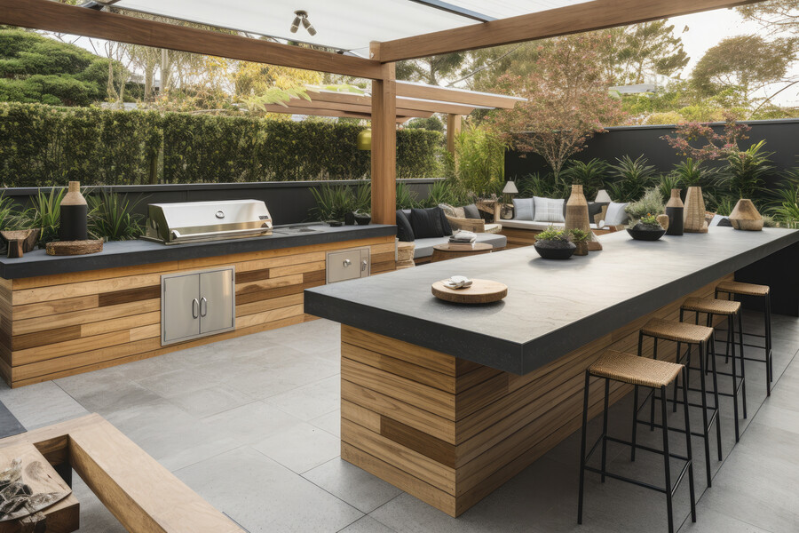 Moderne Outdorküche mit einem Edelstahlgriller, einer großen Kochinsel und integriertem Essbereich mit Barhockern und separatem Lounge-Bereich.