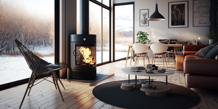 Ein schöner Wohnraum mit gemütlicher Ecke und einem schwarzen Kamin in dem ein schönes Feuer lodert um den Raum zu wärmen.