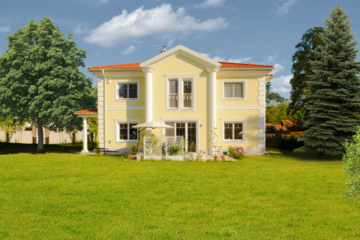 Klasssiche, gelbe Villa mit Säulen und Stuckdesign mit Fassaden-Dämmung von Austrotherm.