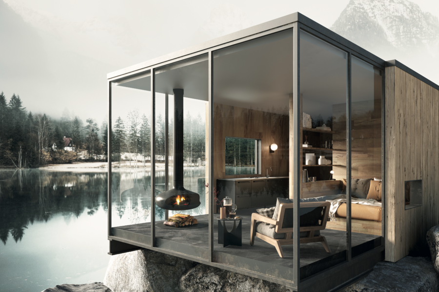 Felbermair zeigt ein modernes Haus mit Wintergarten an einem See mit großen Glasfronten und gefliestem Boden mit einem Kamin, Loungesessel und einer Couch von Ascot.