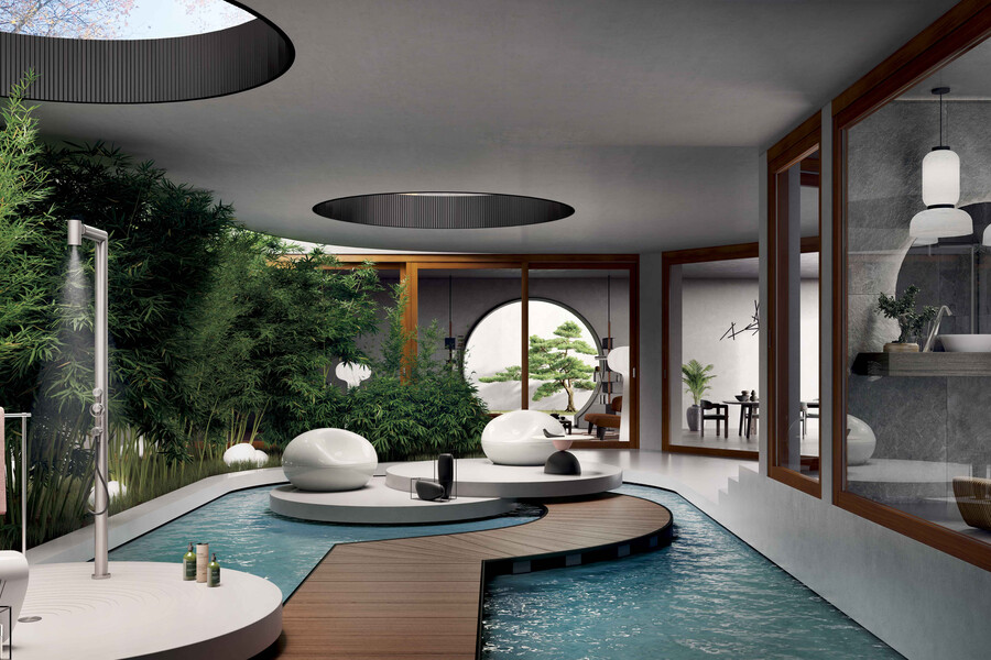 Privatespa mit teilüberdachtem Pool und formschöner Outdoor Dusche G01 von Gessi aus Edelstahl.