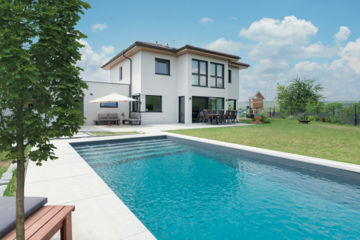 Hartl Haus zeigt ein weisses Einfamilienhaus mit Wintergarten und Terrasse, einer Gartenlounge mit grauen Sitzbänken und einem rechteckigen Pool.
