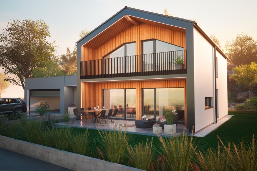 HARTL HAUS zeigt ein sehr modernes Einfamilienhaus mit zwei Stöcken, Holzverbau, Terrasse Garage und bepflanztem Garten.