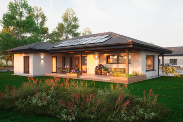 HARTL HAUS zeigt einen modernen, weißen Bungalow mit dunklem Dach, dunklen Türrahmen, Terrasse und Hochbeet.
