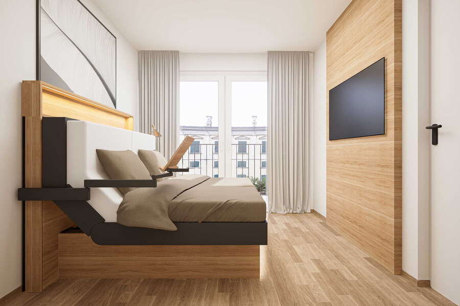 Kitzberger-Pondell präsentiert ein Hotelzimmer mit eingefahrenem Doppelbett Versa.