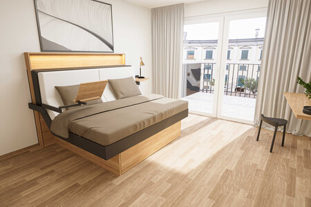 Kitzberger-Pondell präsentiert ein Hotelzimmer mit eingefahrenem Doppelbett Versa.