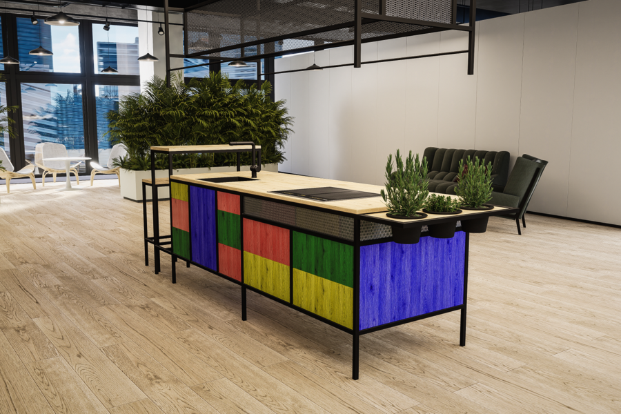 Kitzberger-Pondell präsentiert eine Kücheninsel, welche aus dem Stecksystem Vario zusammengebaut wurde in verschiedenen Farben.