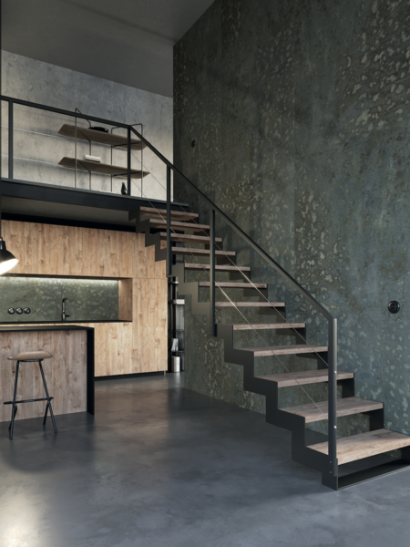 KRONOSPAN zeigt einen offenen Wohnbereich mit Küche im Industrial Style, mit einer Kücheninsel aus Holz, Barhockern und einer gemütlichen Sitzlandschaft.