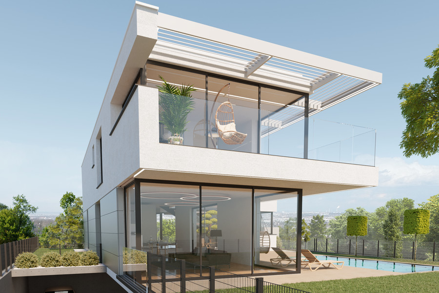 Villa am Herzogberg mit Panoramablick am Rande Perchtoldsdorf, Visualkonzept außen, realisiert von V-Quadrat in Kooperation mit LEON-Bau.