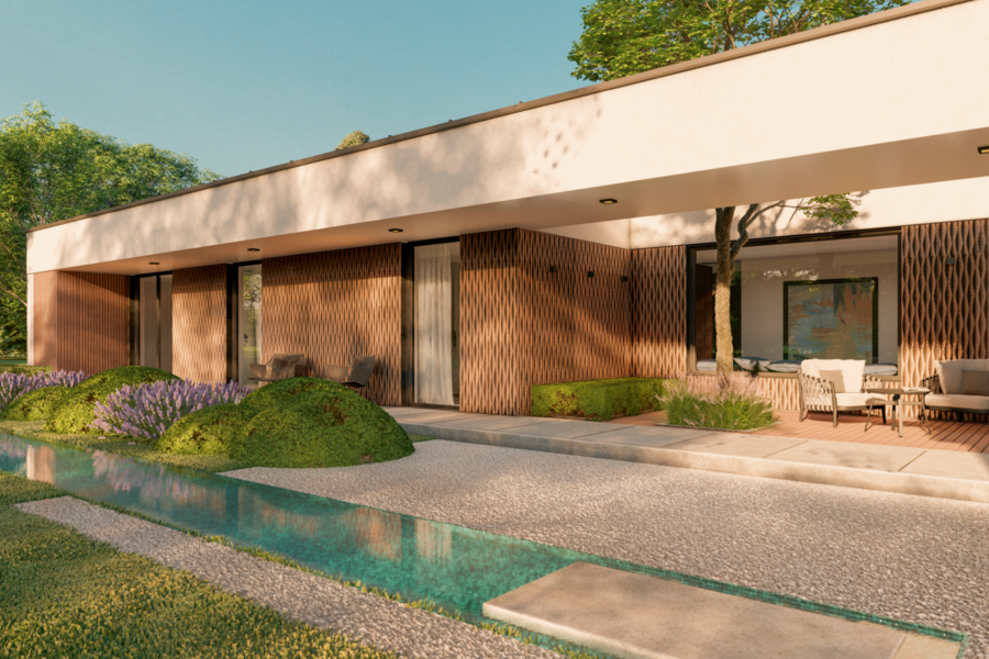 Lumar Haus zeigt einen Bungalow mit Flachdach, architektonisch abgegrenzter Terrasse im Stil eines Patios, Garten und Teich.