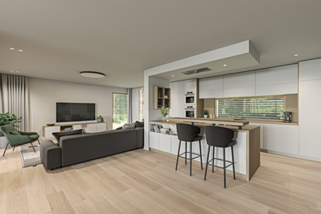 Lumar Haus zeigt eine offene Küche mit weissen Fronten und Arbeitsplatte aus Holz und den Wohnbereich mit einer braunen Couch und grünem Loungesessel.