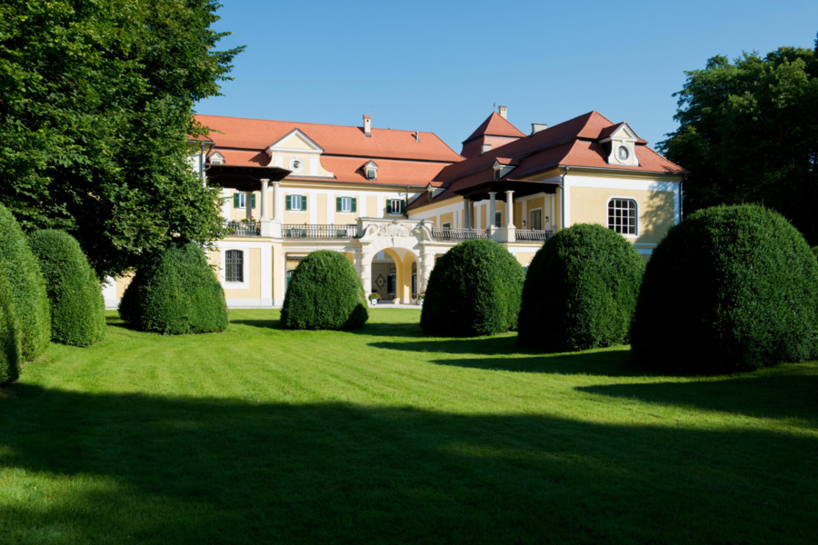 Eine der Locations der Gartenlust-Veranstaltungsmärkte ist das Schloss Kogl, halbrunde Büsche, große Rasenfläche, gelbe Fassade, rotes Dach.
