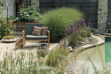 Nentwich zeigt einen Garten mit Pool. Steinmauern, vielen Pflanzen und einem Holzstuhl mit grauen Sitzkissen darauf.