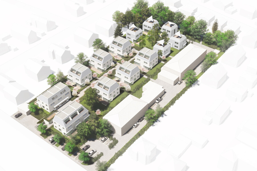 Rubner Haus zeigt eine skizzierte Luftaufnahme der geplanten 23 Wohneinheiten seines nachhaltigen Wohnprojektes in Neubiberg, im Süden von München.