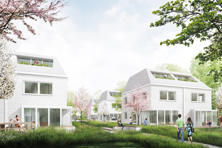 Rubner Haus zeigt eine Skizze der geplanten Doppelhäuser für ein nachhaltiges Wohnprojekt im südlichen Münchner Stadtteil, Neubiberg.