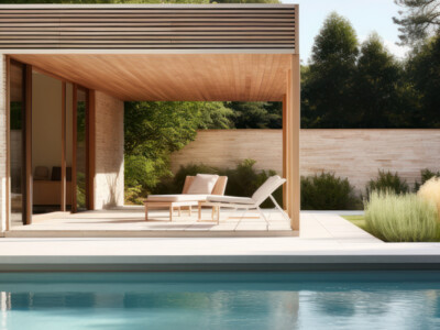 Ein gepflegter Garten mit einem Poolhaus aus Holz, überdachter Terrasse mit Loungemöbeln und einem Pool.