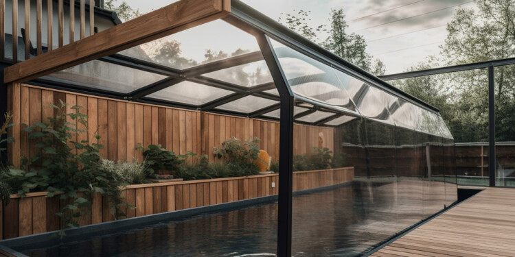 Ein schöner rechteckiger Pool mit Holzumrandung und einer Poolüberdachung aus Glas und vielen Pflanzen am Beckenrand.