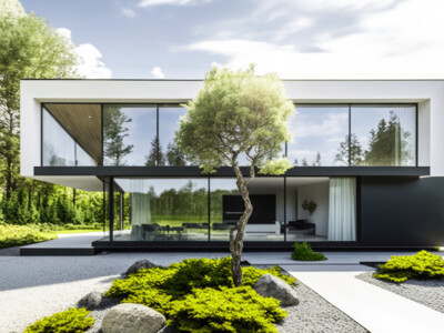 Ein modernes Fertighaus mit Flachdach und großen Glasflächen mit einem gepflegten Garten und Kieswegen.