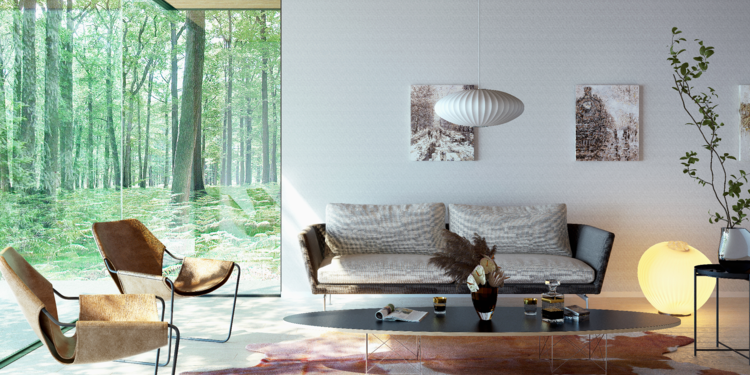 Modernes, lichtdurchflutetes Wohnzimmer mit Ganzglas Fenster und Sofa mit Fellsessel.