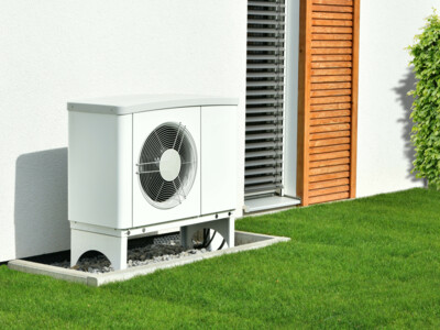 Luftwärmepumpe für Heizung und Warmwasser an einem neu gebauten Wohnhaus.