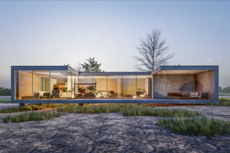 Modernes, eingeschossiges Betongebäude mit Flachdach, Ganzglas-Lösung im gesamten Vorderbereich und großzügiger, überdachter Terrassenbereich.