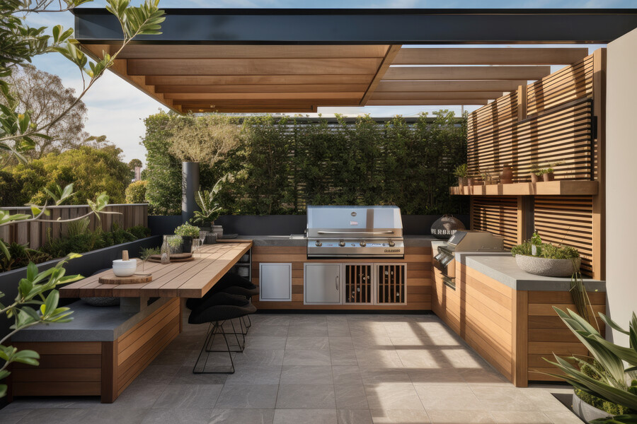 Moderne Outdoorküche mit 2 Grillplätzen und separtem Essbereich m,it Holztisch auf einer großen Terrasse.