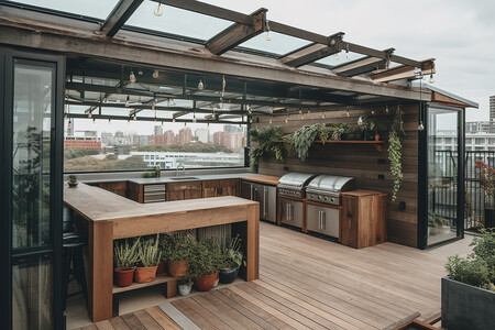 Moderne, überdachte Outdoorküche auf der Dachterrasse mit 2 Edelstahlgrillern und großem Arbeitsbereich in U-Form.