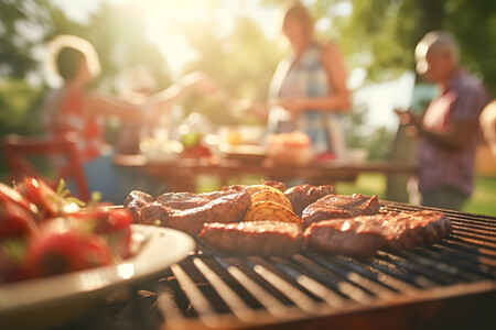 Heißes Grillfleisch und Koteletts sowie Zwiebel am Grillrost mit Menschen im Freien im Hintergrund.