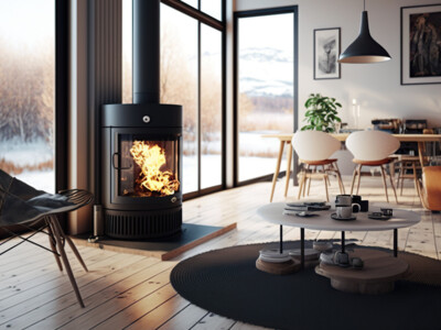 Ein schöner Wohnraum mit gemütlicher Ecke und einem schwarzen Kamin in dem ein schönes Feuer lodert um den Raum zu wärmen.