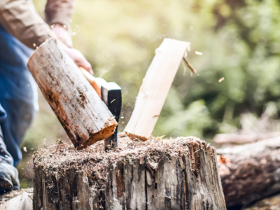 Man hackt  im Wald mit einer Axt ein Holzscheit auf einem Baumstamm.