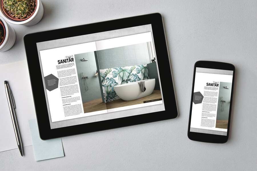 Tablet und Smartphone zeigen die digitale Version des Magazins exclusive Bauen & Wohnen als e-Paper an.