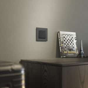 ABB zeigt einen Busch-Jaeger Schalter mit Wippe und Rahmen in anthrazit an einer hellgrauen Wand.