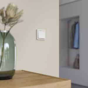 ABB zeigt einen Busch-Jaeger Schalter mit weisser Wippe und weisem Rahmen auf beiger Wand in einem Vorraum.