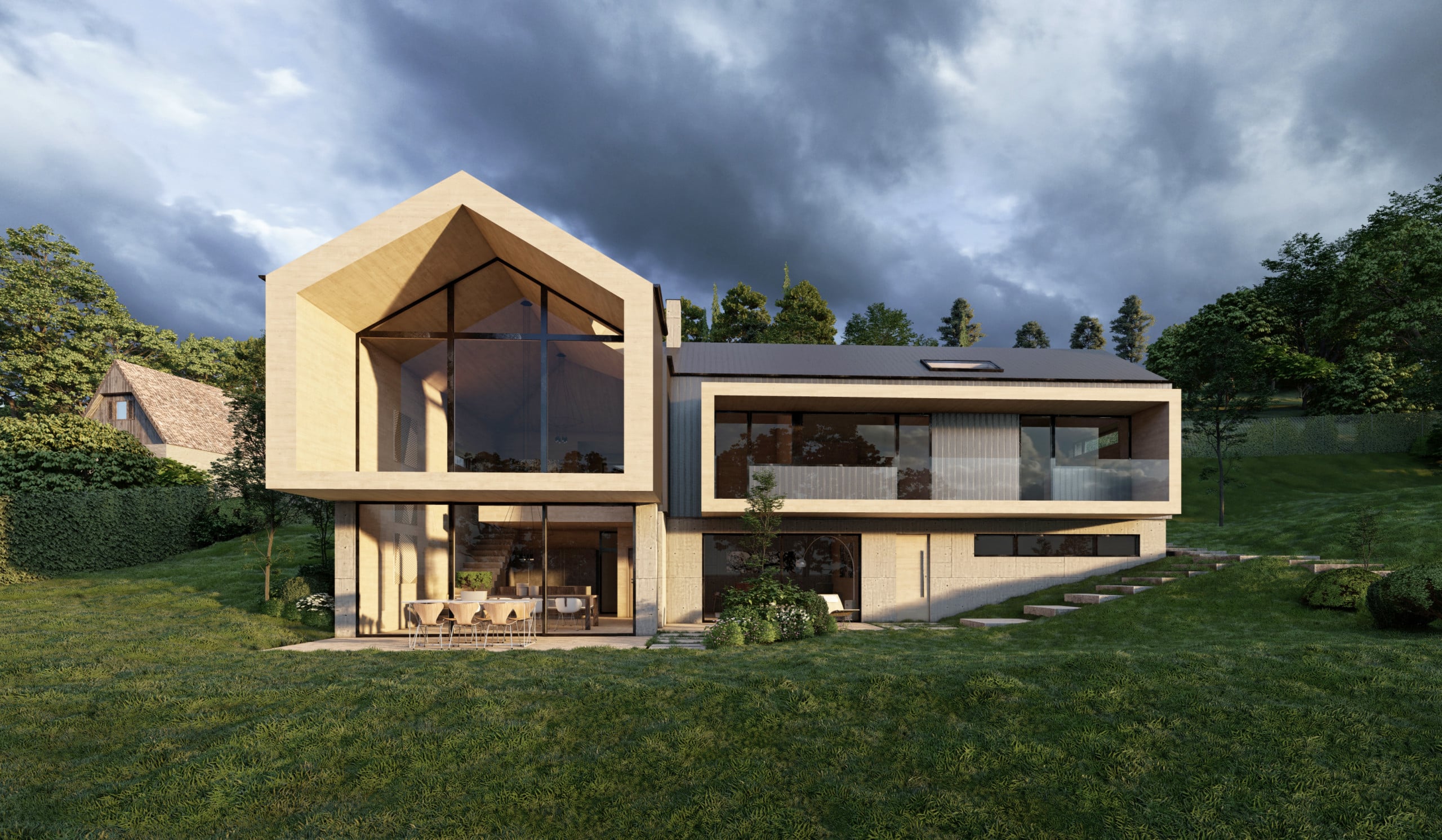 Villa mit überdachtem Balkon, Fixverglasung, Garage und Außenaufgang von AL Architekt ZT.
