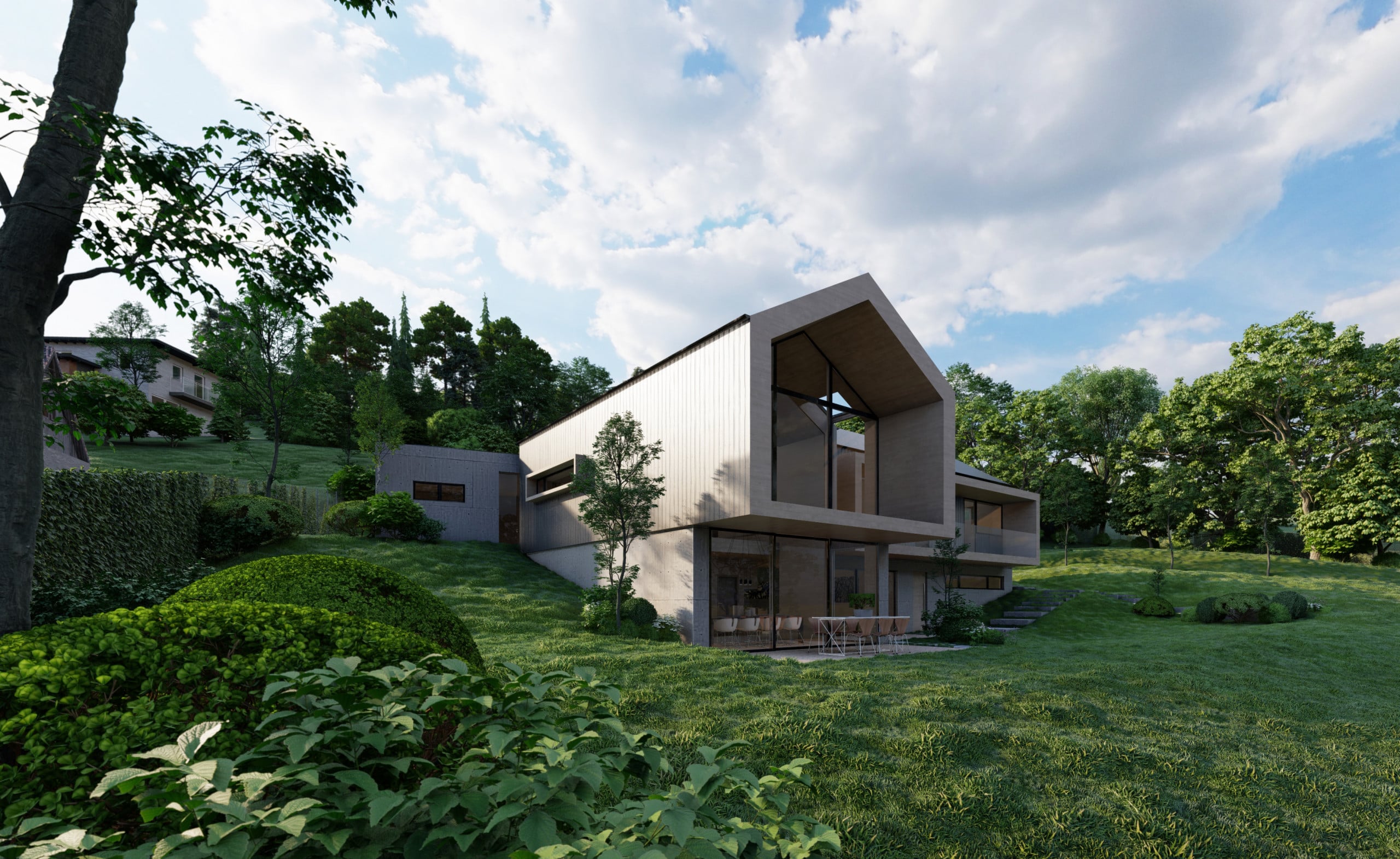 Villa mit überdachtem Balkon, Fixverglasung, Garage und Außenaufgang von AL Architekt ZT.