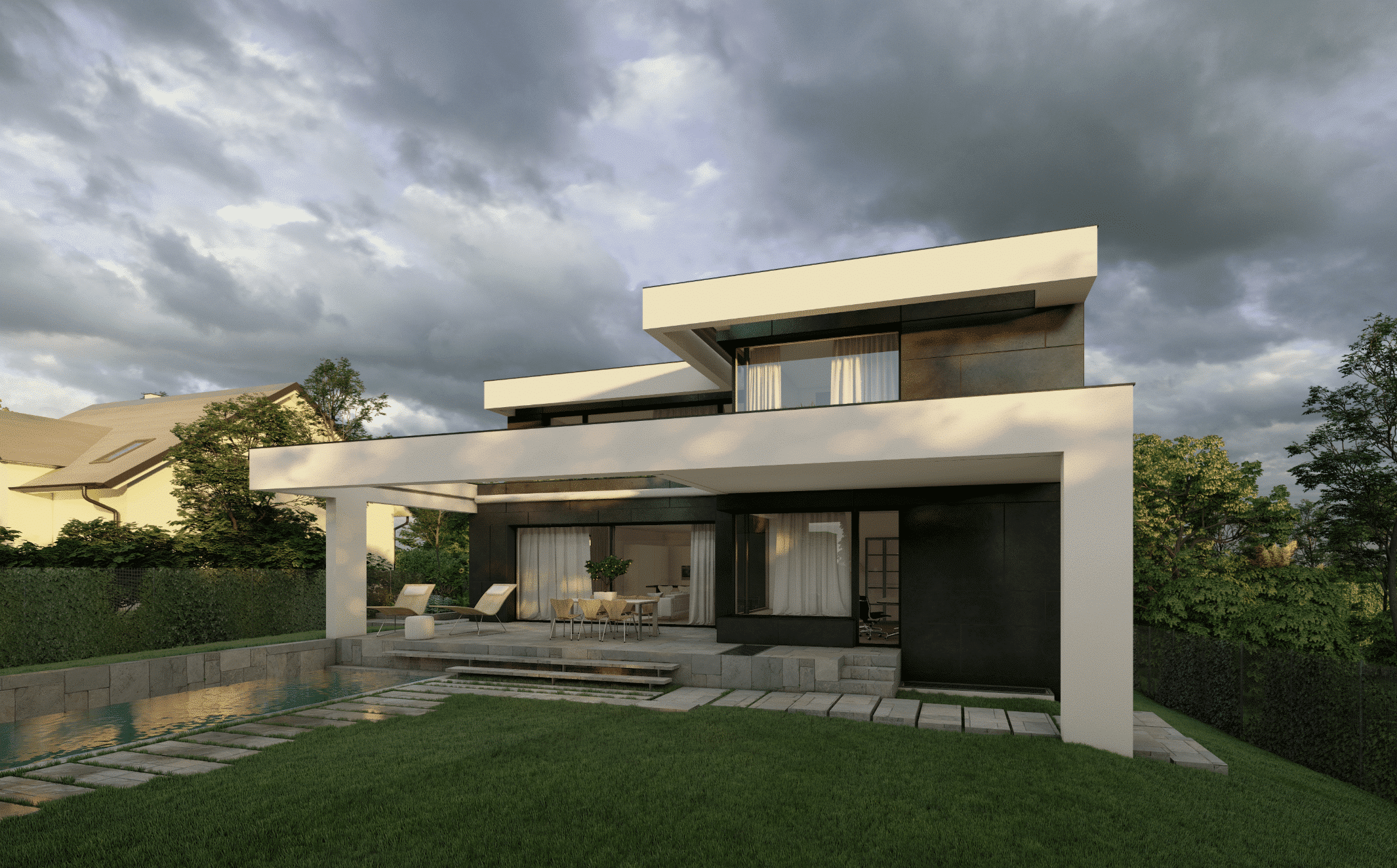 Modernes Einfamilienhaus mit Flachdach, überdachter Terrasse, Balkon und Pool von AL Architekt ZT.