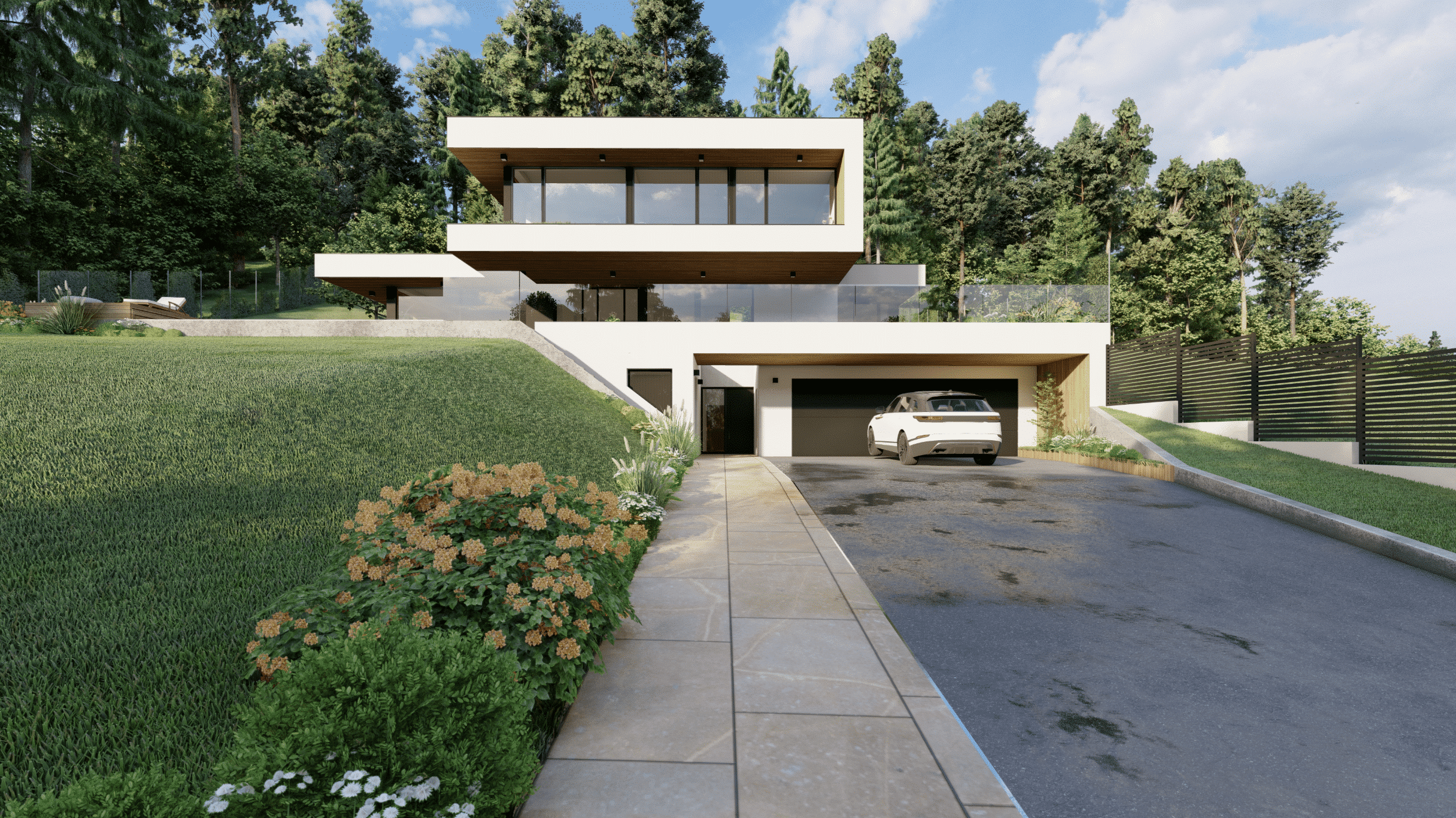 Kubische Villa in Hanglage mit verglastem Balkon, Terrasse, gepflasterter Auffahrt und Carport von AL Architekt ZT.