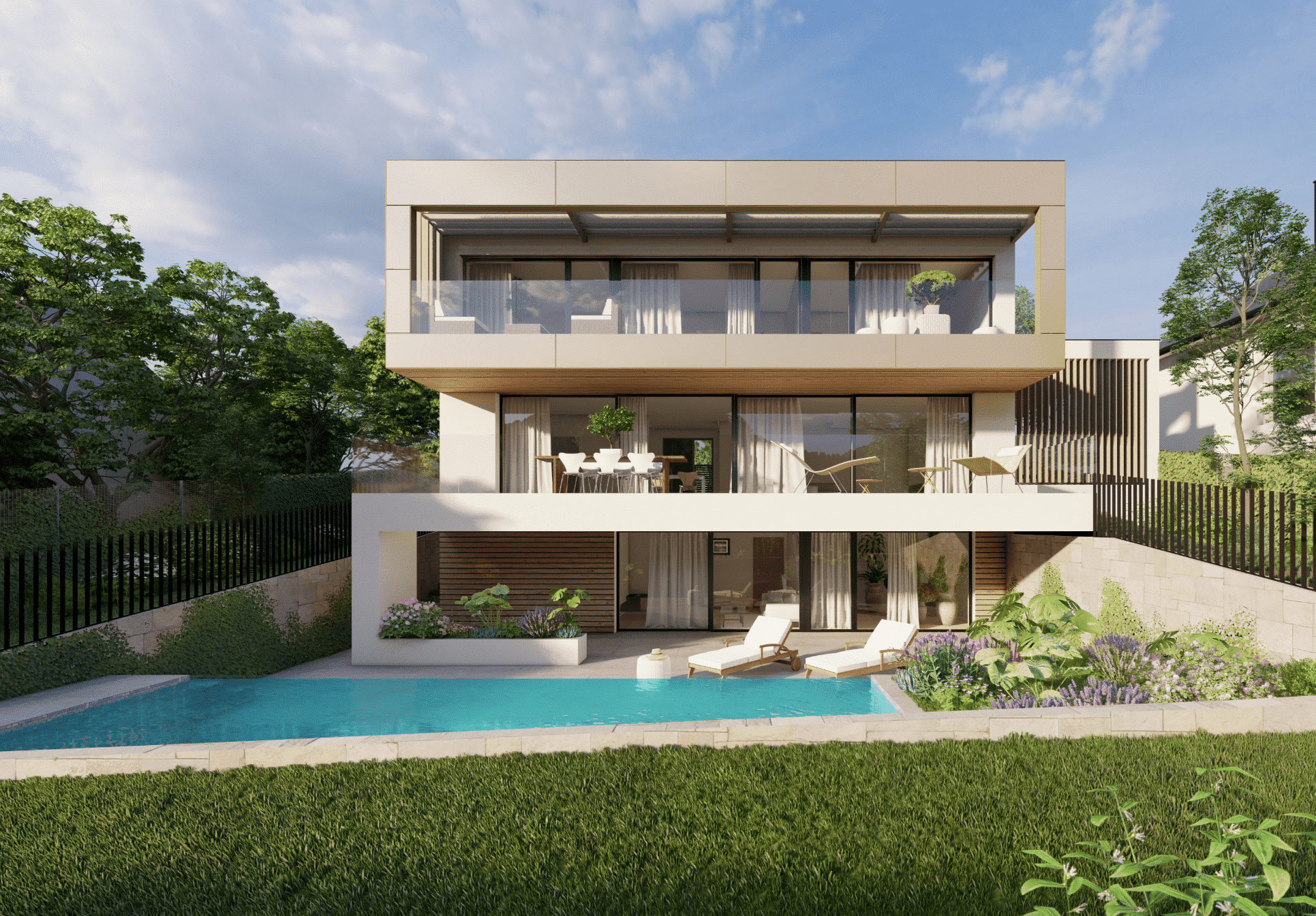 Aussenansicht eines modernen, zweistöckigen Wohnhauses mit Flachdach, zwei Balkonen mit Glasgeländer, Pool und Terrasse sowie üppiger Gartenbepflanzung.