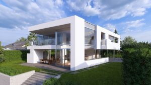 Flachdachvilla in Weiss mit großflächige in Aluminiumrahmen eingefasste Glasfassadenelemente und passendem Balkongeländer von AL Architekt ZT GmbH.