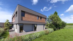 Flachdachvilla mit Fassadenelementmix aus Holzfassade und hell- und dunkelgrauem Putz, bodentiefen Fenstern und Terrassentüren, Pergola und Gartenfläche von AL Architekt ZT GmbH.