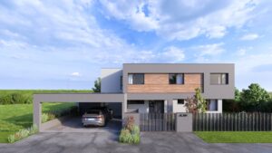 Flachdachvilla mit Fassadenelementmix aus Holzfassade und hell- und dunkelgrauem Putz, bodentiefen Fenstern, Carport und überdachtem Eingangsbereich von AL Architekt ZT GmbH.