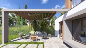 Moderne, verschachtelte Villa mit Fassadenelementen aus Holz, überdachten Terrassenbereichen mit Outdoor-Möbeln, Pergola mit Lamellendach von AL Architekt ZT.