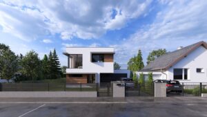 Moderne Villa mit Flachdach, überdachtem Terrassenbereich, Aussenfassedenverkleidungv als Holz von AL Architekt ZT GmbH.