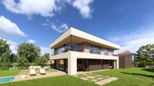 Moderne Villa mit Flachdach, überdachtem Terrassenbereich, Gartengrundstück und Nurglasbalkon von AL Architekt ZT GmbH.
