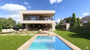 Eine moderne Villa mit Flachdach, überdachtem Terrassenbereich, Garten, Outdoormöbeln, Pool und einem Rund-um-Balkon mit Nurglasgeländer von AL Architekt ZT GmbH.
