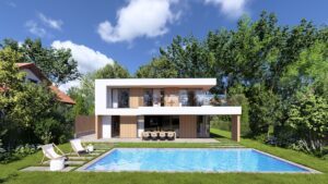 Verschachtelte Villa mit Rund-um-Balkon mit Nurglasgeländer, bodentiefen Fenstern, überdachtem Terrassenbereich, Pool, Gartenfläche und Fassadenelementen aus Holz von AL Architekt ZT.
