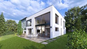 Ein modernes, kubisches Haus mit Flachdach, großen Glasflächen und einem Garten mit gefliester Terrasse von AL Architekt ZT GmbH.